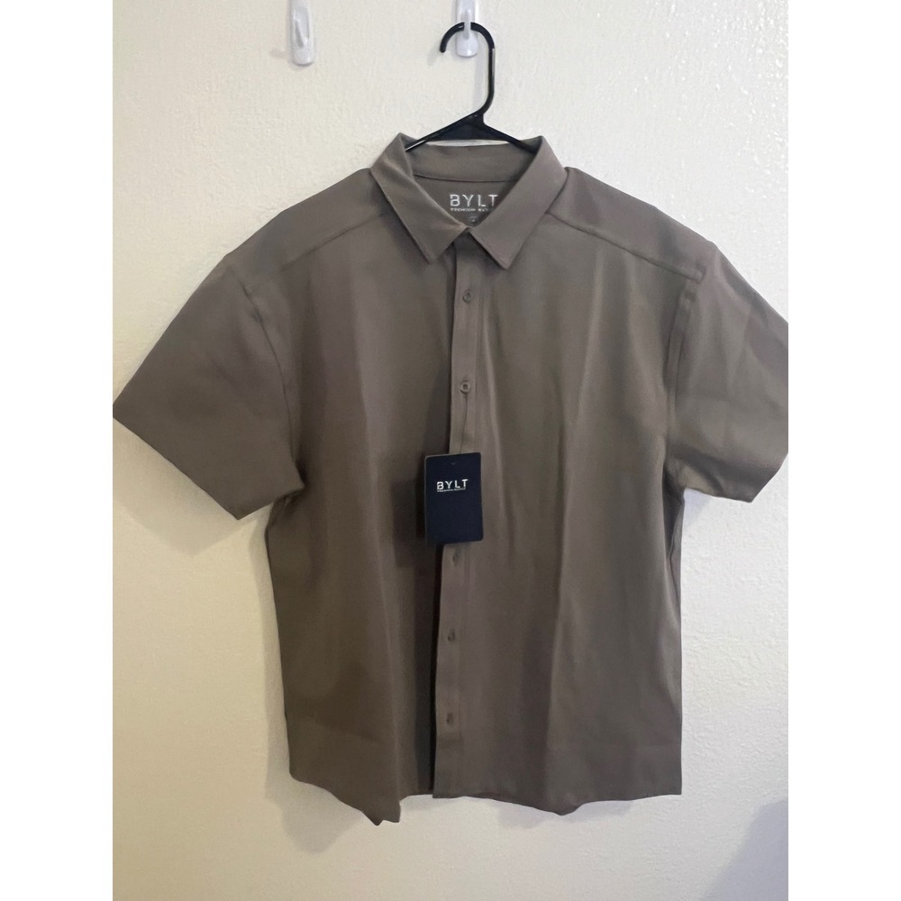 BYLT Premium Basics Mens Medium Short Sleeve Button Down Shirt Taupe Brown NEW